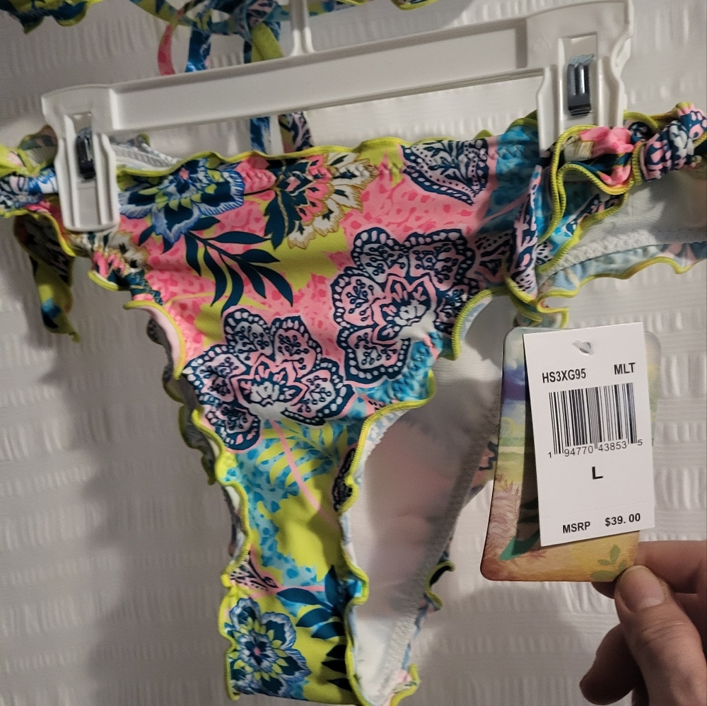 NWT Hobie bikini  Padded top side tie bikini bottom Tropical  Size Large. Ruffle - Picture 3 of 14